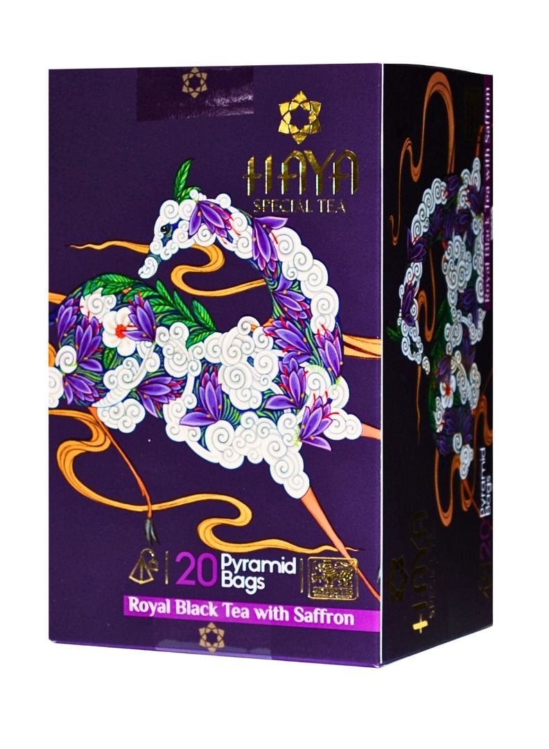 Haya's Closet Haya Royal Black Tea with Saffron 20 Pyramids Tea Bags- Individually wrapped - Image 1