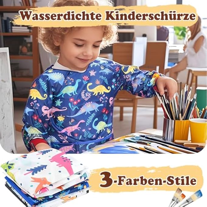 CHILDREN'S PAINTING APRON, DINOSAUR PAINTING APRON, CHILDREN'S WATERPROOF BIB WITH SLEEVES, NYLON, M, MULTICOLOURED, EINHEITSGRÖßE - Image 3