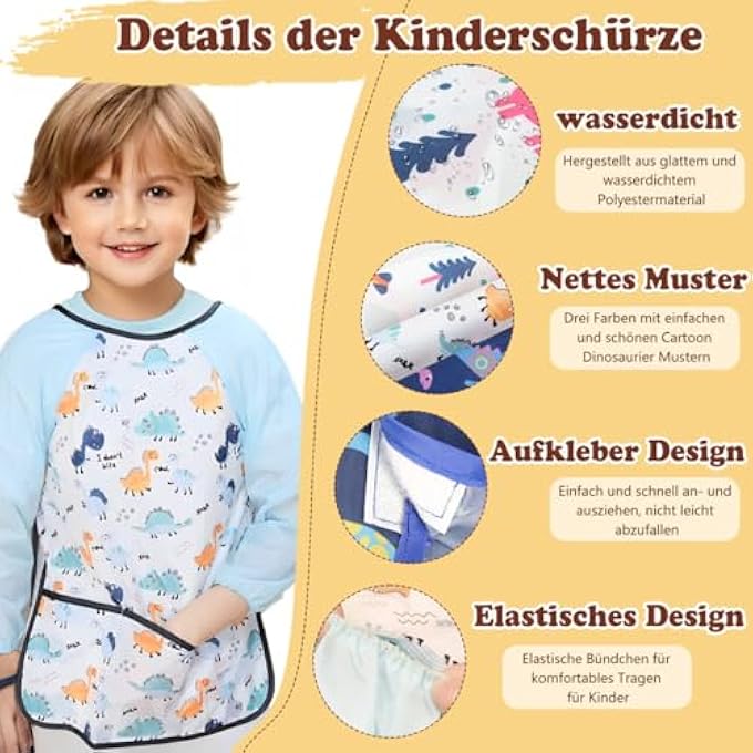 CHILDREN'S PAINTING APRON, DINOSAUR PAINTING APRON, CHILDREN'S WATERPROOF BIB WITH SLEEVES, NYLON, M, MULTICOLOURED, EINHEITSGRÖßE - Image 5