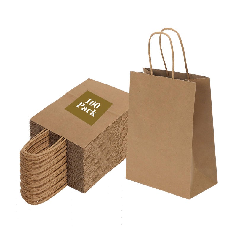Joybe 100 Pack 5.95x3.25x8 Inch Small Brown Paper Bags with Handles Bulk, Kraft Paper Gift Bags for Birthday Party Favors Grocery Retail Shopping Business Goody Craft Sacks (Plain Natural, 100pcs) - Image 1