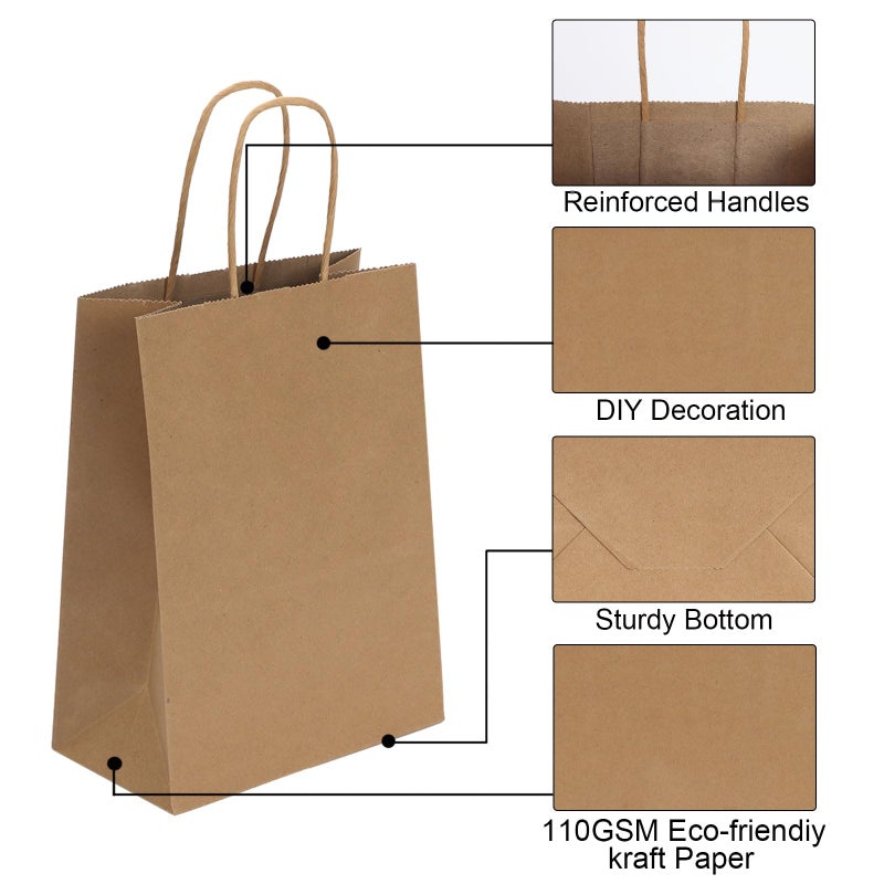 Joybe 100 Pack 5.95x3.25x8 Inch Small Brown Paper Bags with Handles Bulk, Kraft Paper Gift Bags for Birthday Party Favors Grocery Retail Shopping Business Goody Craft Sacks (Plain Natural, 100pcs) - Image 3