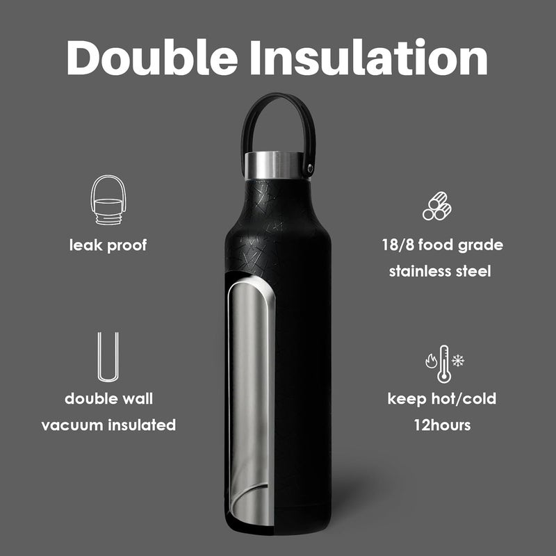 Bottle Bottle 600Ml Insulated Water Bottle With Handle Hiking Drink Flask (Black) - Image 3
