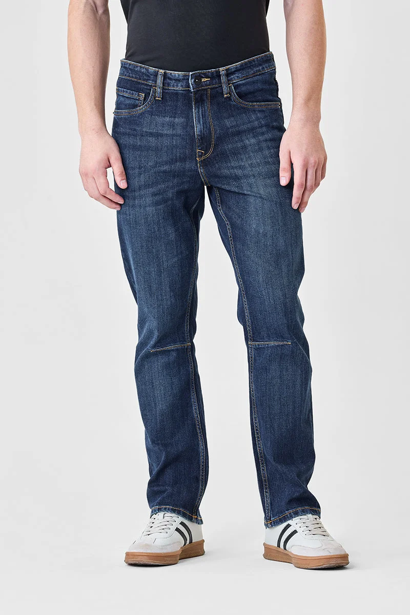SNITCH Blue Knee Dart Straight Fit Stretch Jeans for Men | Best Price UAE