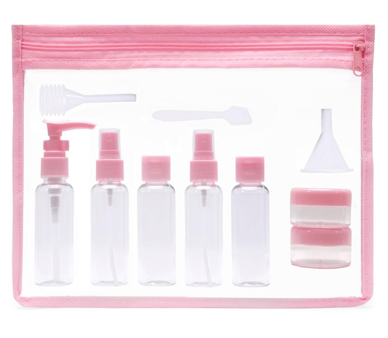 INOVERA (LABEL) 10 Pcs Travel Toiletry Bottles Kit - Refillable Spray Bottle - Cosmetic Containers for Shampoo, Body Lotion, Cream - Travelling Toiletries Container Set (Pink) - Image 1