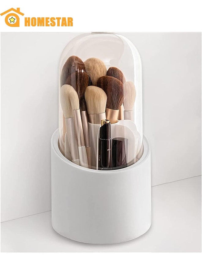 HOMESTAR Rotating Makeup Brush Holder with Lid, Dustproof Cosmetic Brush Storage Organizer for Vanity, Bathroom, Dresser, Pen, Pencil, White - Image 1