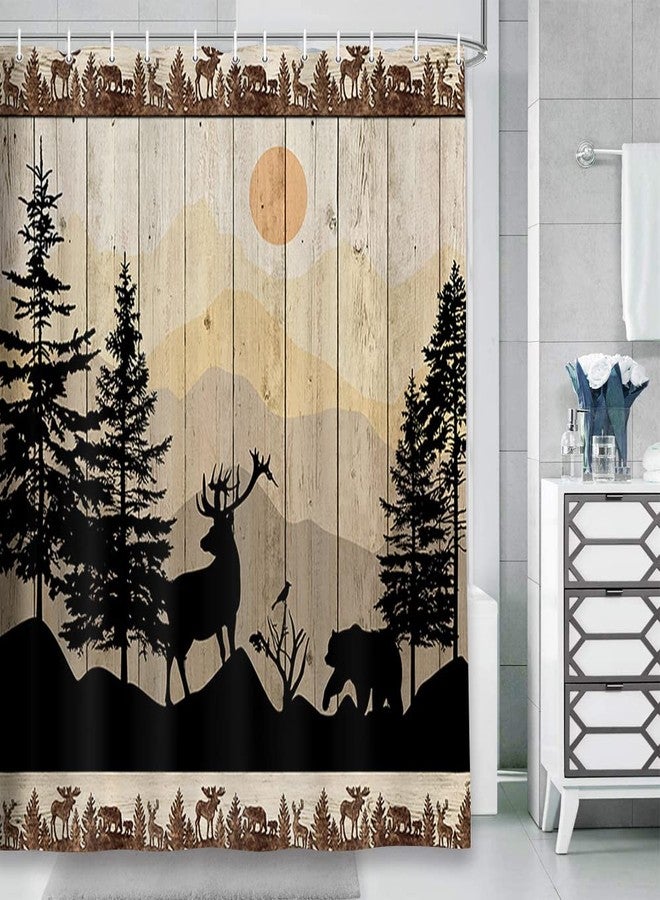 NYMB Cabin Shower Curtain, Rustic Shower Curtain Set, Cute Bear Deer Forest Print on Country Farmhouse Lodge Wooden Board Cloth Shower Curtains Bathroom Accessories with 12 Hooks, Tan Brown, (72X72) - Image 4