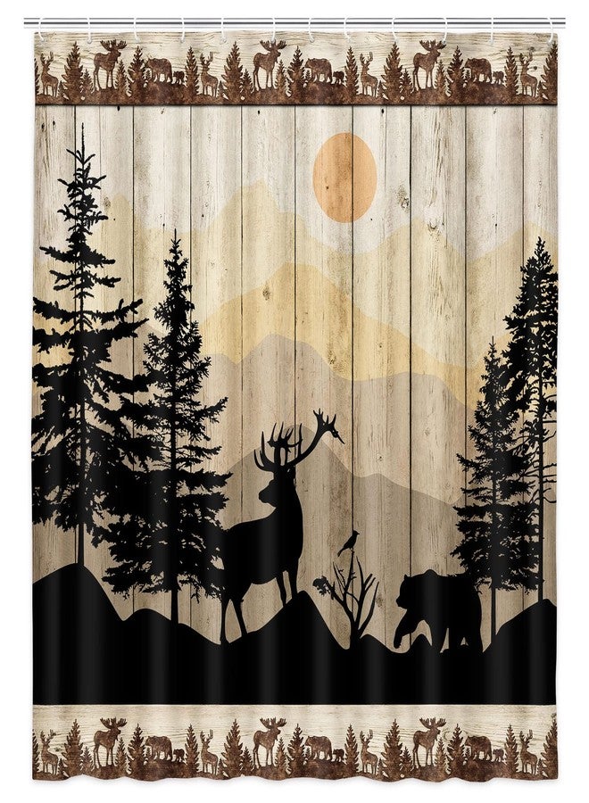 NYMB Cabin Shower Curtain, Rustic Shower Curtain Set, Cute Bear Deer Forest Print on Country Farmhouse Lodge Wooden Board Cloth Shower Curtains Bathroom Accessories with 12 Hooks, Tan Brown, (72X72) - Image 3