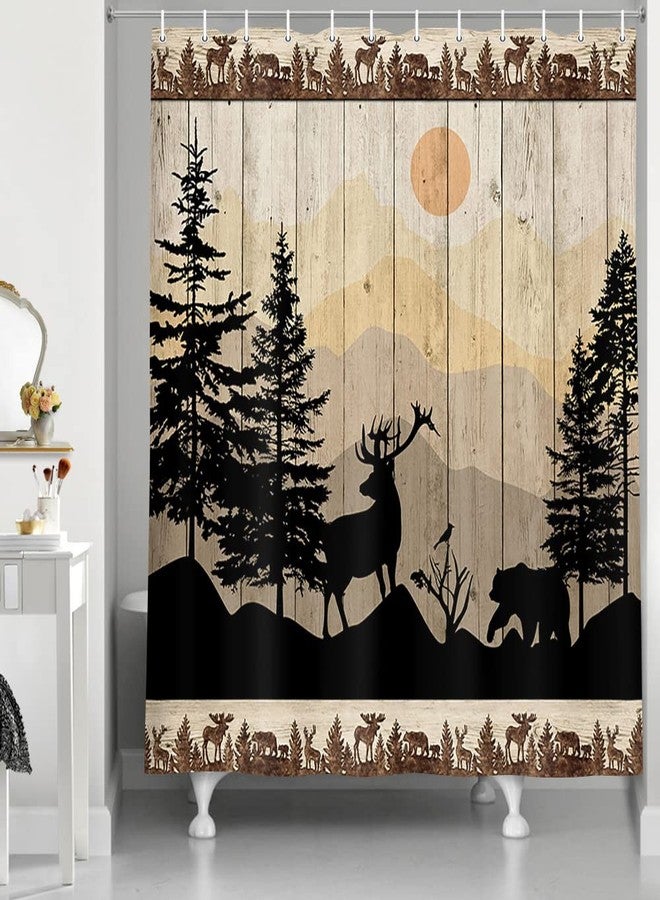 NYMB Cabin Shower Curtain, Rustic Shower Curtain Set, Cute Bear Deer Forest Print on Country Farmhouse Lodge Wooden Board Cloth Shower Curtains Bathroom Accessories with 12 Hooks, Tan Brown, (72X72) - Image 2