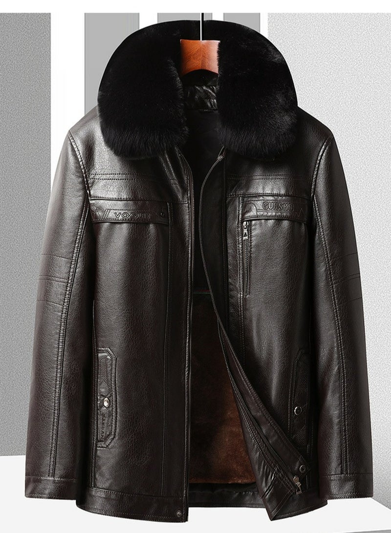 Loquat Men's Fur Integrated Thick Leather Jacket Lapel Slim Fit Coat Brown 