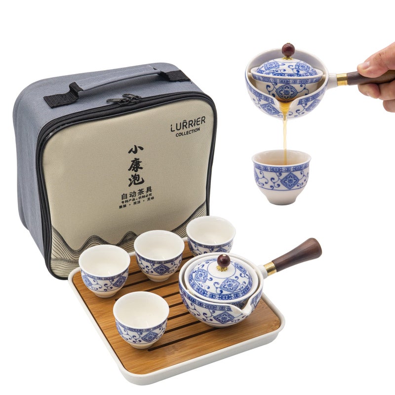 LURRIER Porcelain Chinese Gongfu Tea SetPortable Teapot Set with 360 Rotation Tea maker and InfuserPortable All in One Gift Bag for TravelHomeGiftingOutdoor and Office Floral White