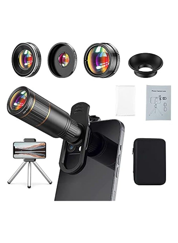 Excefore Phone Camera Lens Kit 4 in 1, Attachment Lens for SmartPhone, 22X Telephoto Lens, 205° Fisheye Lens, 4K HD 0.67X Wide Angle Lens, 25X Macro Lens, Compatible with all Phones