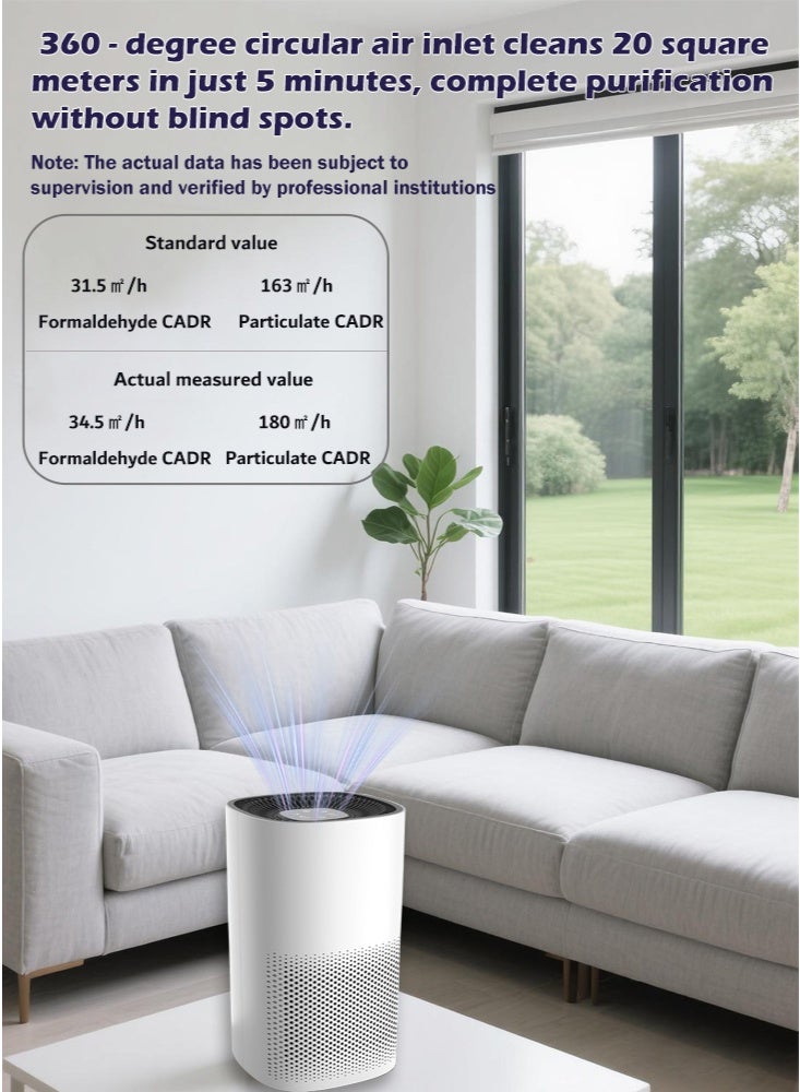 بوليفياز مُنقي هواء منزلي للمكتب والمطبخ حتى 16-24 متر مربع مع مخرج هواء دائري 360 درجة، فلتر HEPA يزيل الفورمالديهايد، البكتيريا، الفيروسات، الدخان، حبوب اللقاح، PM2.5، الغبار، TVOC، معدل تعقيم 99.99%، CADR 163 م³/ساعة، تحكم باللمس أسود وأبيض - Image 3