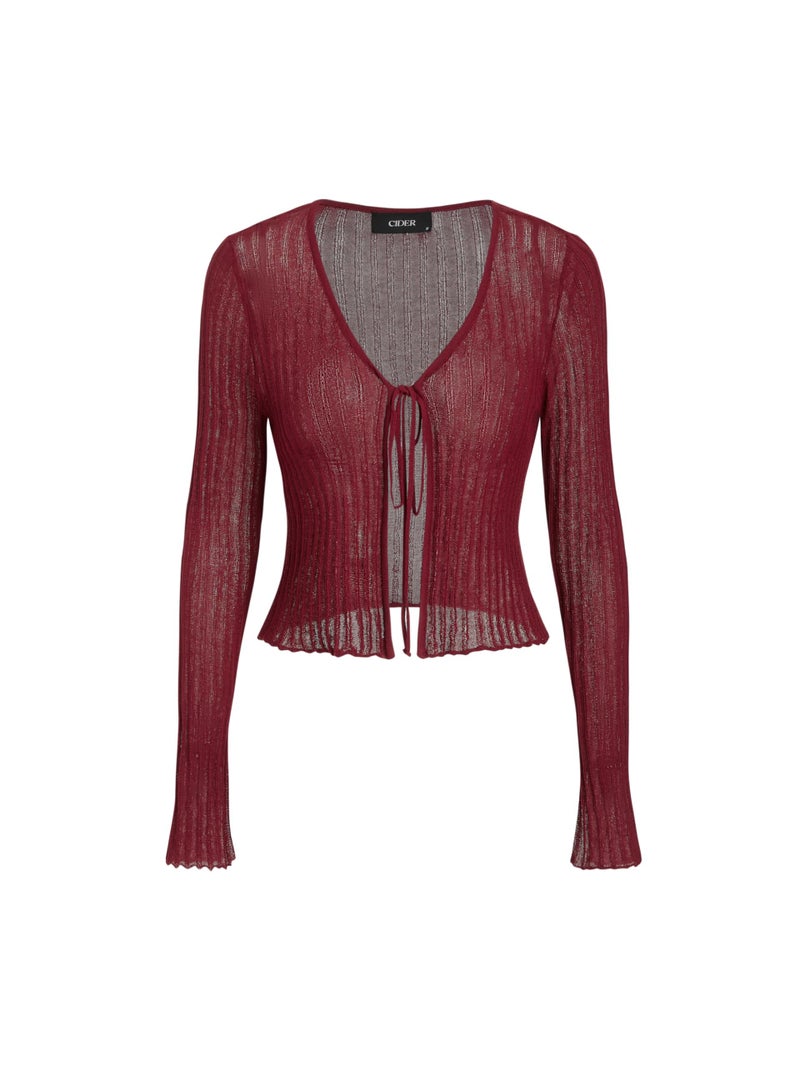 CIDER Cardigans for Women Trendy Bow Tie Front V Neck Long Sleeve Lightweight Shrug Sweater Cardigans Ribbed Knit Crochet Cardigans: Red, XL - Image 1
