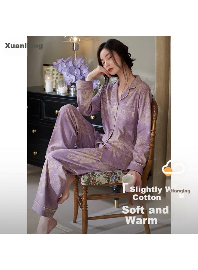 XULEN Xuanliang Women's Spring And Autumn Cotton Long Sleeve Cotton Home Wear Mother Plus Size Women's Set 63379 Noble Purple M - Image 1