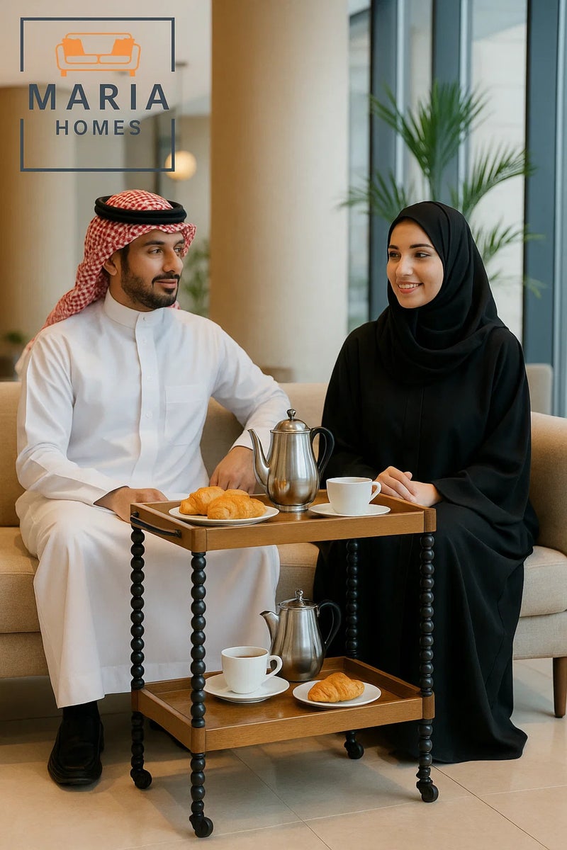 ماريا هومز عربة تقديم خشبية من ماريا هومز – بطبقتين لتقديم الشاي والقهوة مع أرجل سوداء زخرفية - Image 2