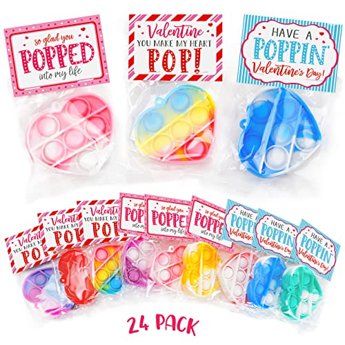ORIENTAL CHERRY Valentines Day Gifts for Kids Set of 24 Valentine Cards with Heart Pop Keychains Bulk Fidget Toys for School Classroom Gift Exchange Valentines Day Party Favors for Toddlers Girls Boys - Image 1