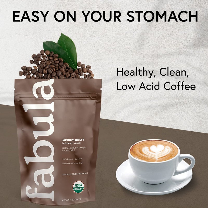 Fabula Low Acid Coffee Beans Whole, USDA Organic Coffee Beans Medium Roast - Non-GMO - No Molds - Mycotoxins Pesticides Free - Single Origin - 12 oz - Image 3