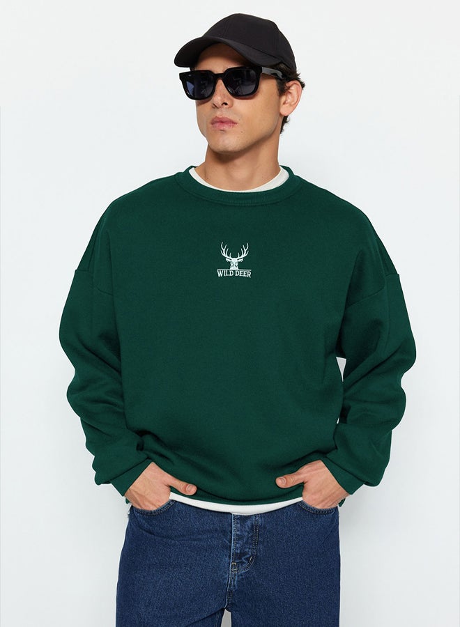 trendyol Green Oversize/Wide Cut Crew Neck Long Sleeve Animal Embroidered Sweatshirt - Image 3