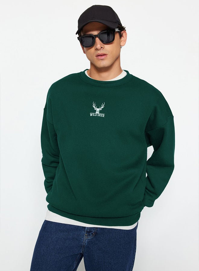 trendyol Green Oversize/Wide Cut Crew Neck Long Sleeve Animal Embroidered Sweatshirt - Image 4