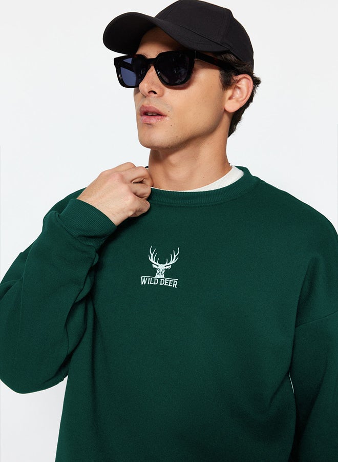 trendyol Green Oversize/Wide Cut Crew Neck Long Sleeve Animal Embroidered Sweatshirt - Image 2