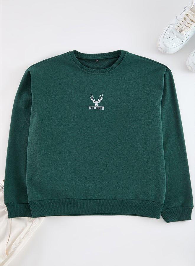 trendyol Green Oversize/Wide Cut Crew Neck Long Sleeve Animal Embroidered Sweatshirt - Image 1