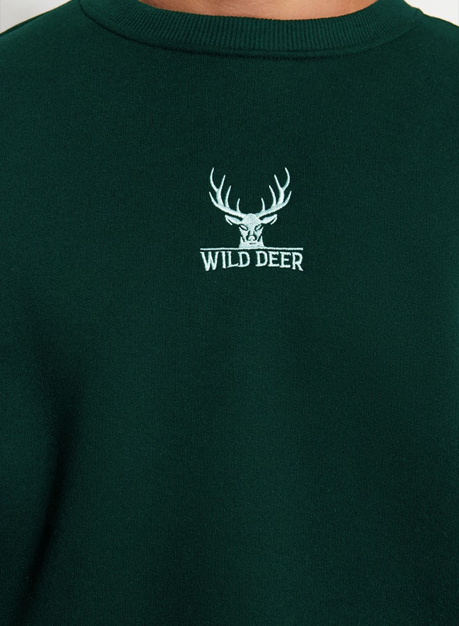 trendyol Green Oversize/Wide Cut Crew Neck Long Sleeve Animal Embroidered Sweatshirt - Image 5