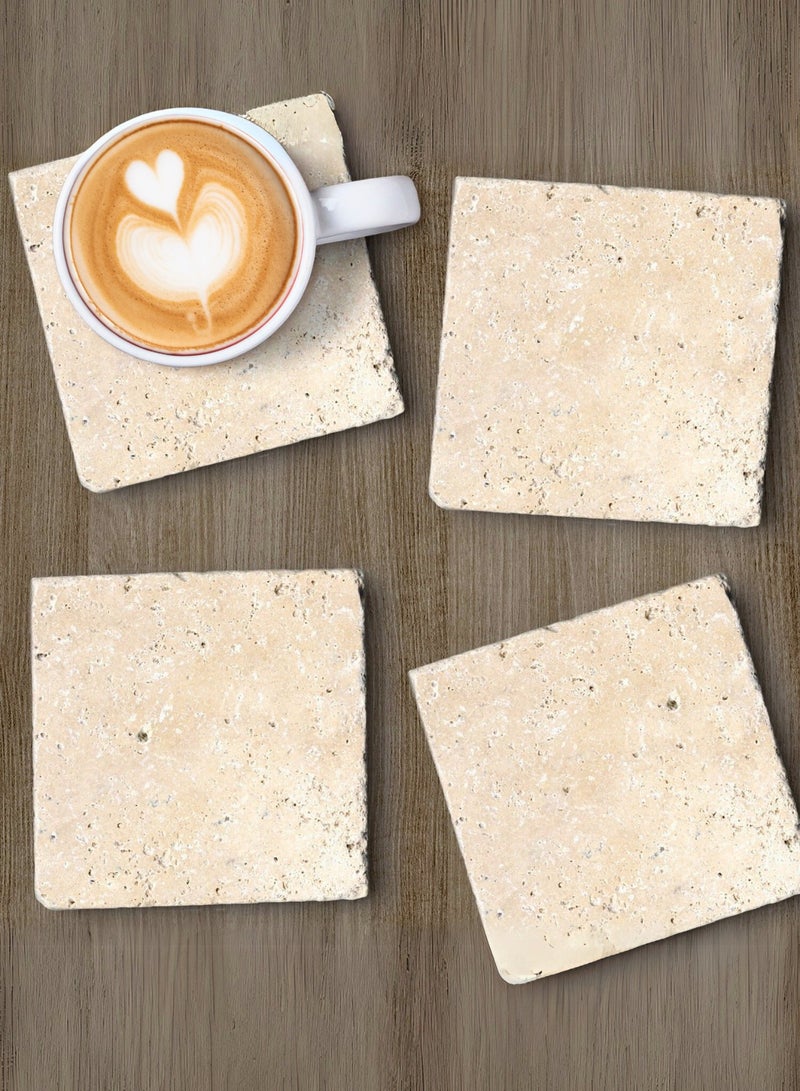 1Chase Natural Travertine Marble Coasters – Set of 4 (10x10cm) | Premium Travertine Marble Drink Coasters for Home & Office  - Image 1