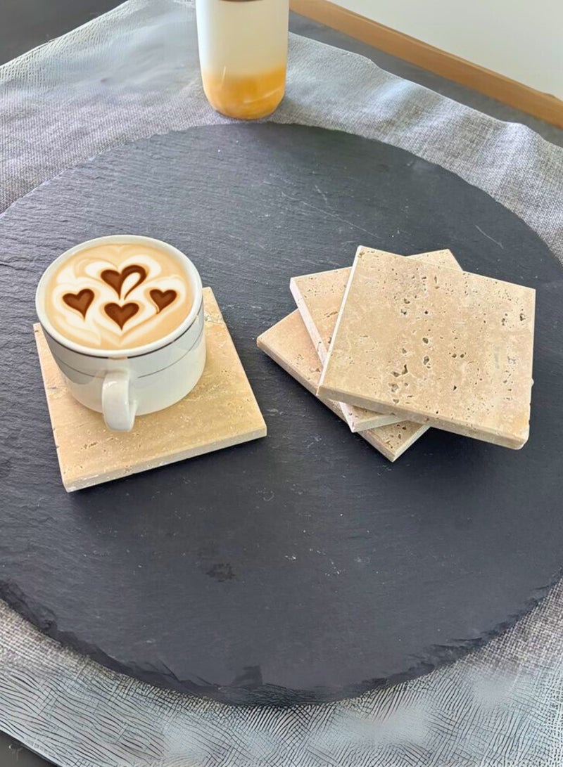 1Chase Natural Travertine Marble Coasters – Set of 4 (10x10cm) | Premium Travertine Marble Drink Coasters for Home & Office  - Image 2
