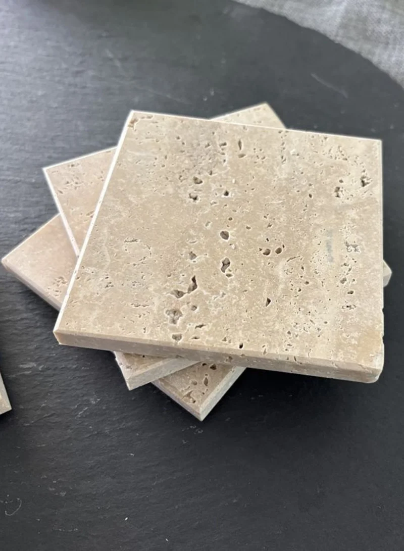 1Chase Natural Travertine Marble Coasters – Set of 4 (10x10cm) | Premium Travertine Marble Drink Coasters for Home & Office