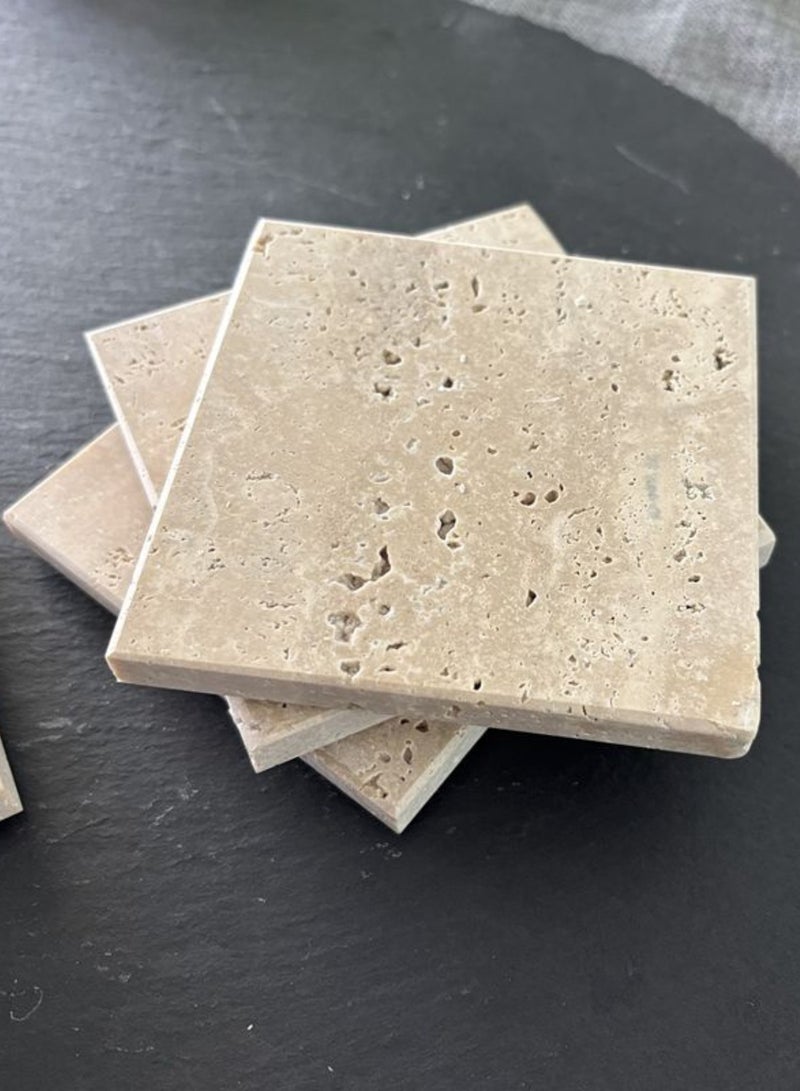 1Chase Natural Travertine Marble Coasters – Set of 4 (10x10cm) | Premium Travertine Marble Drink Coasters for Home & Office  - Image 3