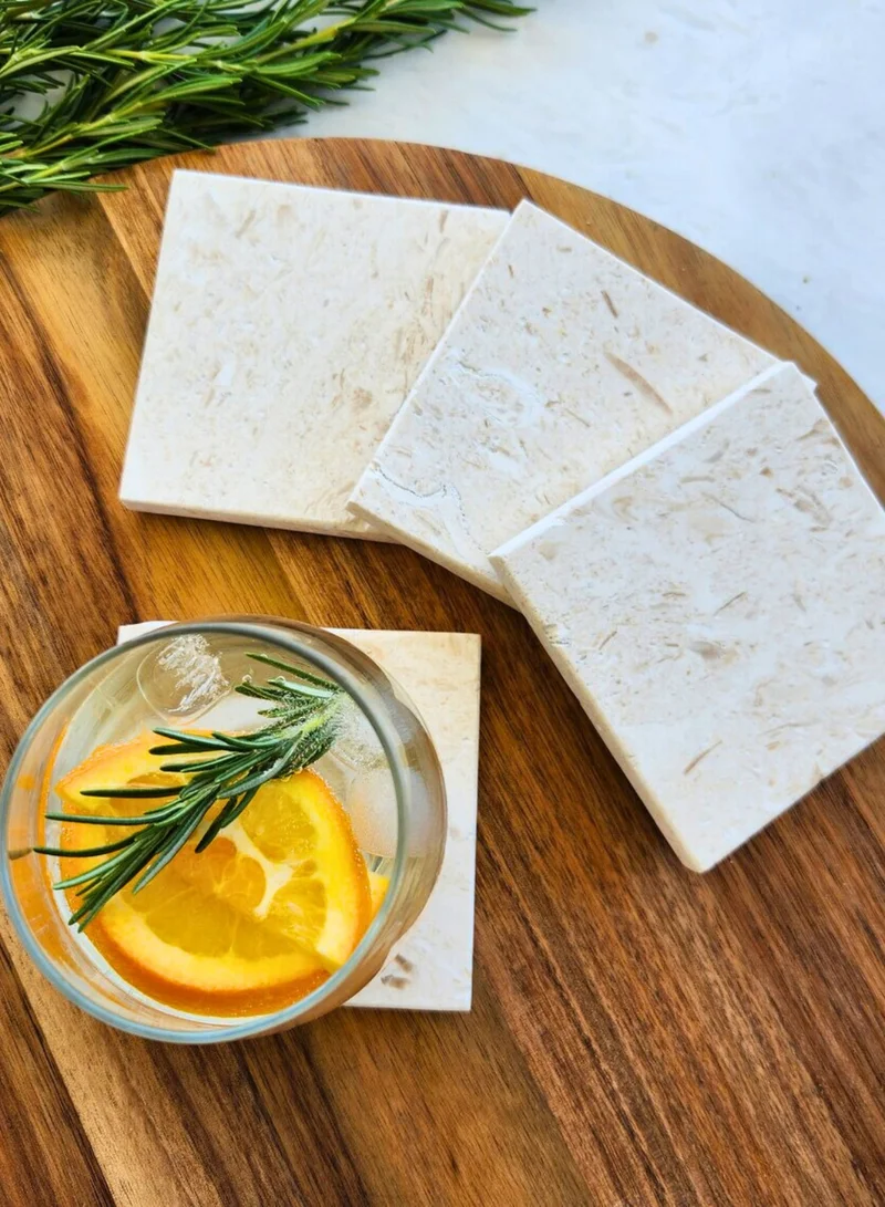 1Chase Natural Travertine Marble Coasters – Set of 4 (10x10cm) | Premium Travertine Marble Drink Coasters for Home & Office
