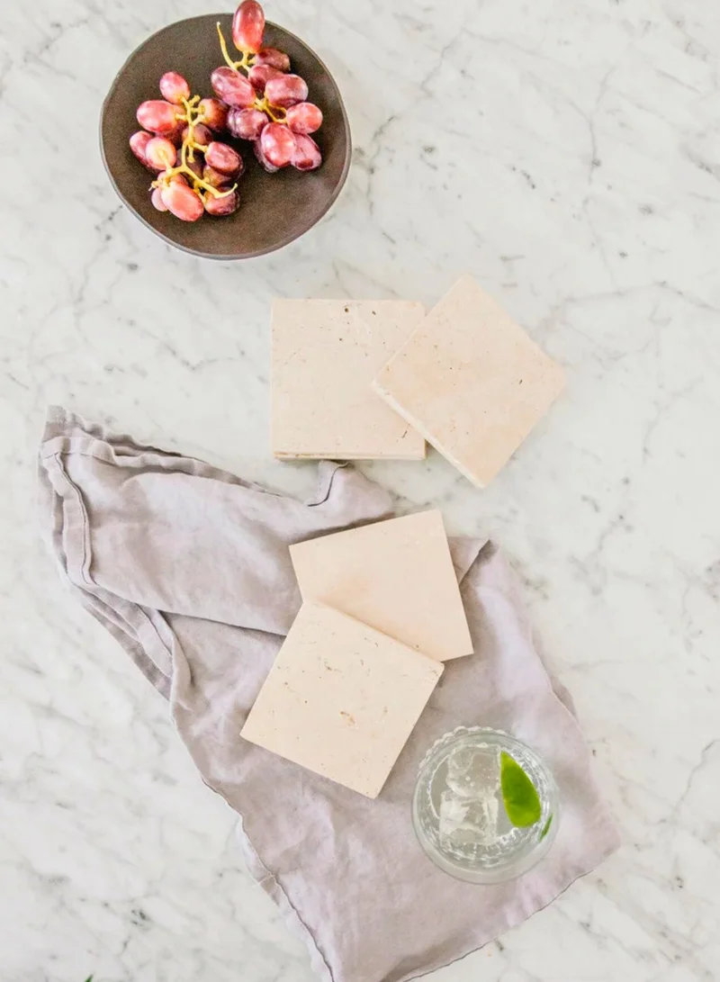 1Chase Natural Travertine Marble Coasters – Set of 4 (10x10cm) | Premium Travertine Marble Drink Coasters for Home & Office