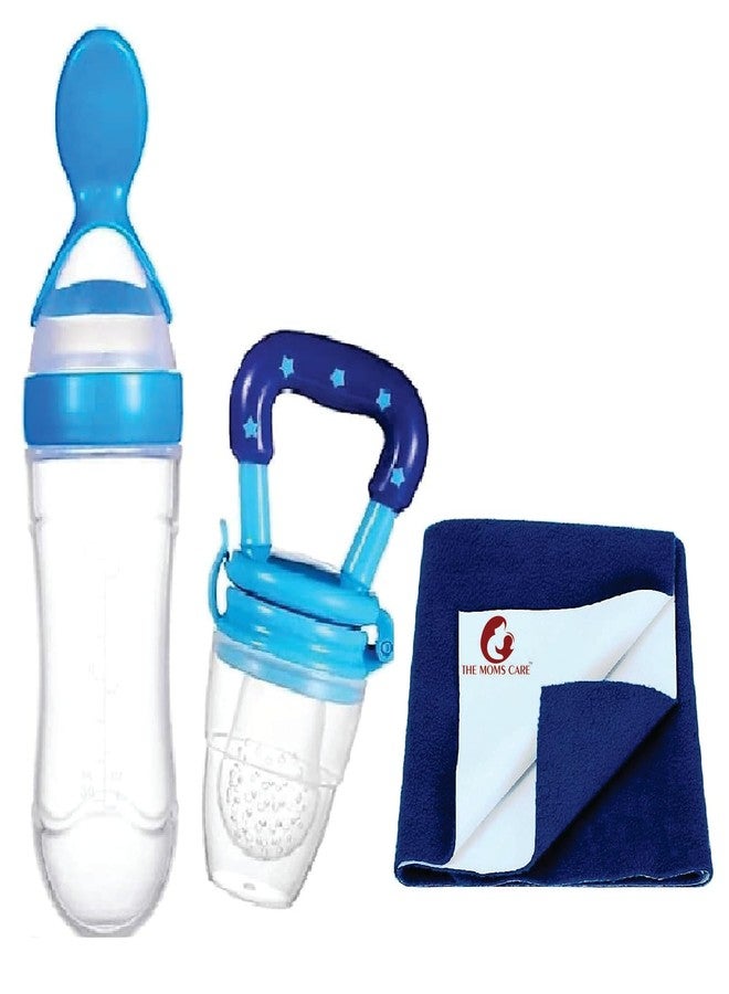 Chopchi Silicone Fruit Nibbler Pacifier 1 Pcs, Spoon Feeder Bottle 1 Pcs & Royal Blue Dry Sheet Small Size 50x70cm 1 Pcs for Infant Baby for 0-6 Month Baby (3 Piece Combo Set-Blue) - Image 1