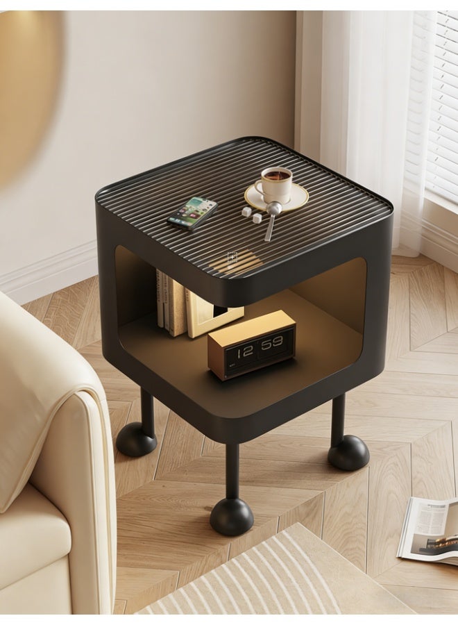 Modern Nightstand with Automatic Induction LED Light, 2-Tier Small End Table for Bedroom, 3C Tempered Glass Top & Carbon Steel Frame, Compact Side Table for Sofa/Bedroom (JJT-238-black) - Image 1