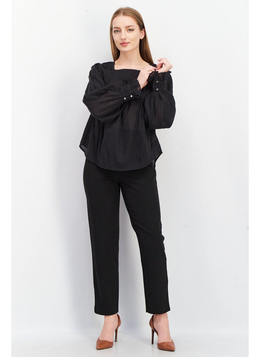joie - Women Square Neck Long Sleeve Pleated Top, Black - Image 1