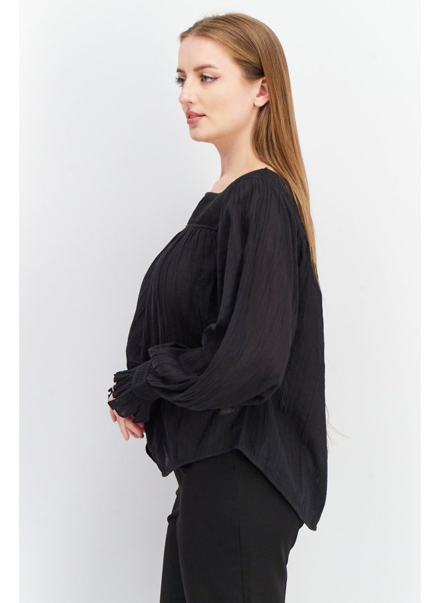 joie - Women Square Neck Long Sleeve Pleated Top, Black - Image 1
