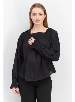 Women Square Neck Long Sleeve Pleated Top, Black