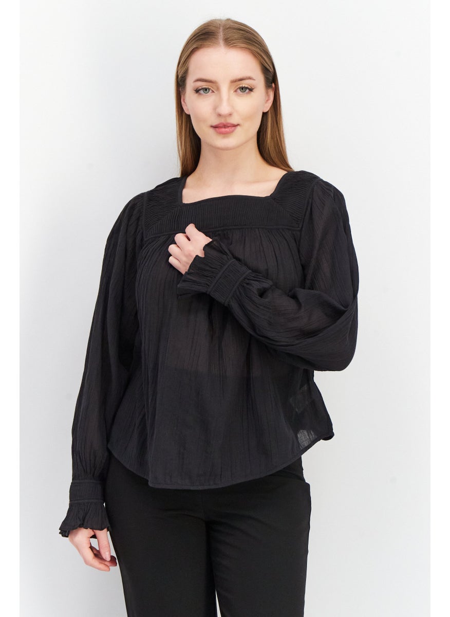 joie - Women Square Neck Long Sleeve Pleated Top, Black - Image 1