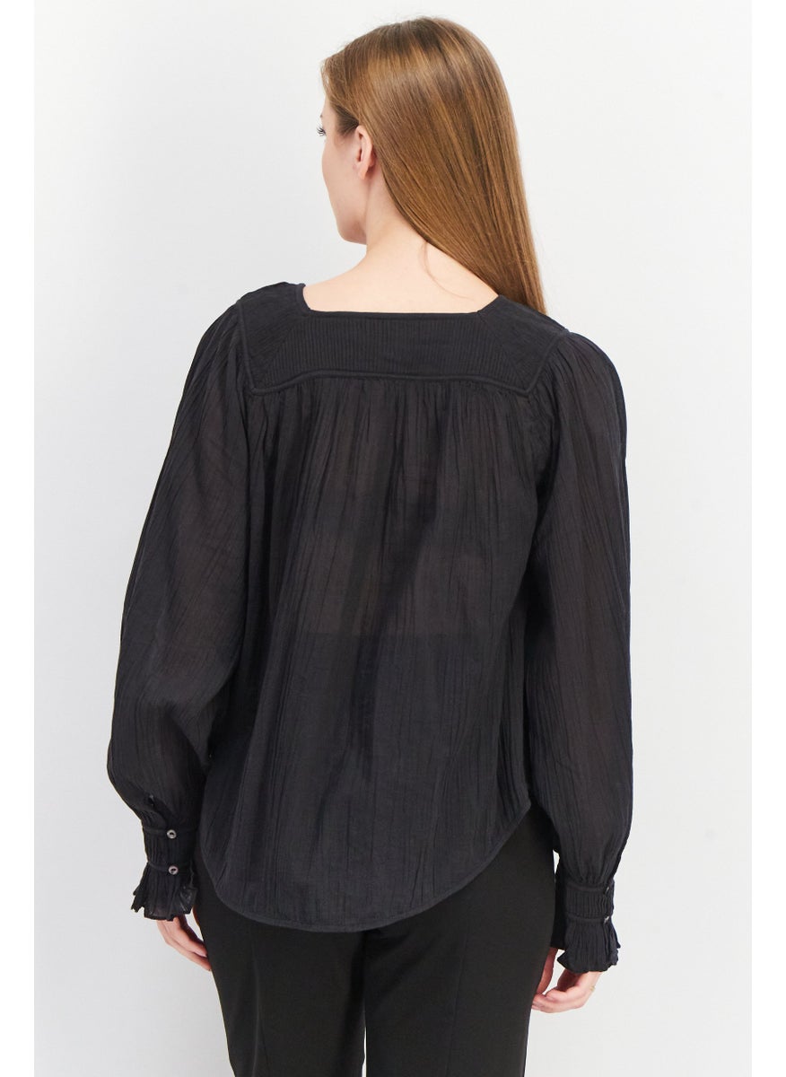 joie - Women Square Neck Long Sleeve Pleated Top, Black - Image 1
