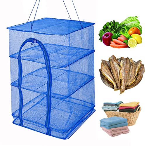 WEISGJA Drying Rack 4 Layers Folding Mesh, Foldable Nylon Netting, Hanging Drying Net, for Shrimp, Fish, Fruit, Vegetables, Herb, with Zipper Opening - Blue (25.59X13.78X13.78 in) - Image 1