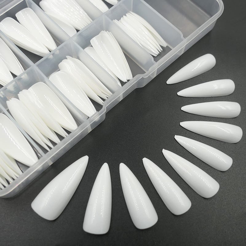 Lifextol Medium Long Stiletto Glossy Fake Nail 100PC Full Cover Acrylic Press on Nails Art Tips False Nail for Beginner Women and Girls Manicure(Whiteï¼‰ - Image 1