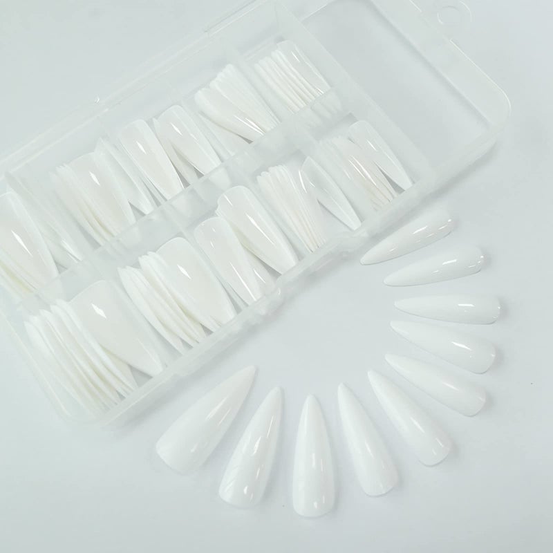 Lifextol Medium Long Stiletto Glossy Fake Nail 100PC Full Cover Acrylic Press on Nails Art Tips False Nail for Beginner Women and Girls Manicure(Whiteï¼‰ - Image 4