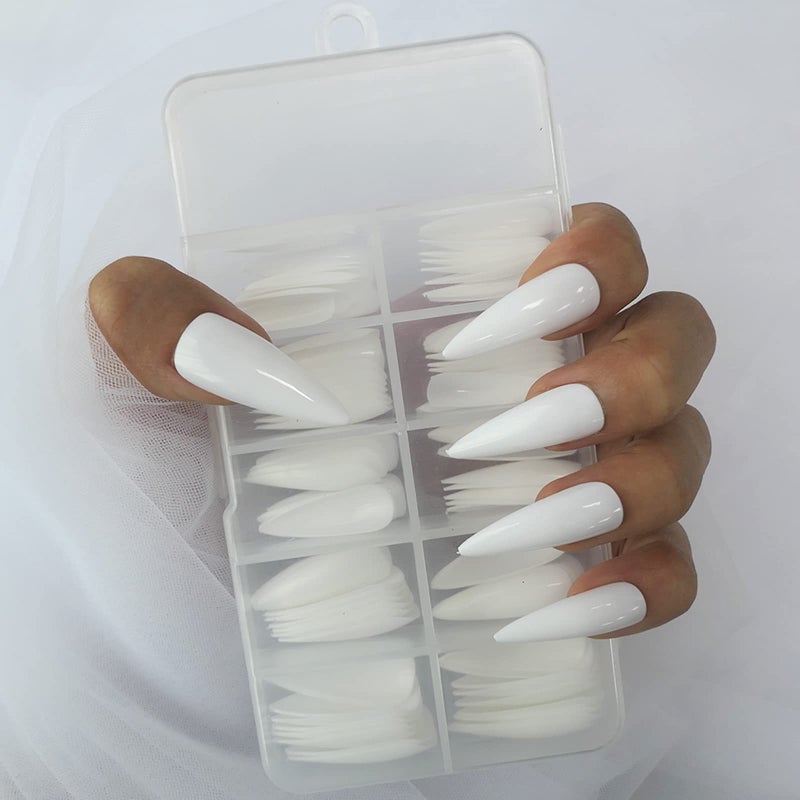 Lifextol Medium Long Stiletto Glossy Fake Nail 100PC Full Cover Acrylic Press on Nails Art Tips False Nail for Beginner Women and Girls Manicure(Whiteï¼‰ - Image 2