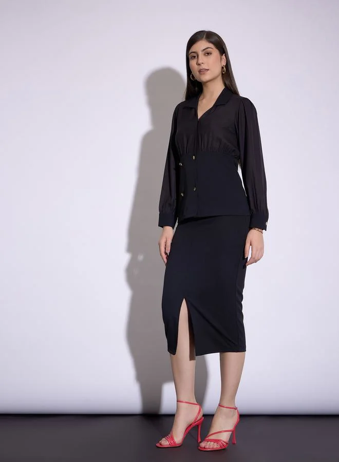 SASSAFRAS Button Detail Peplum Top & Front Slit Midi Skirt Co-Ord by Styli