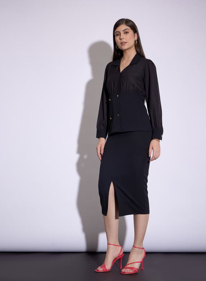 SASSAFRAS Button Detail Peplum Top & Front Slit Midi Skirt Co-Ord by Styli  - Image 3