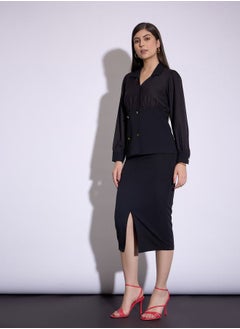 SASSAFRAS Button Detail Peplum Top & Front Slit Midi Skirt Co-Ord  - Image 3