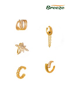 Breeze 5-Piece Women's Gold Minimalist Diamond Ear Cuffs , Clip-On Non-Piercing Cartilage Earrings for Upper Ear  - Image 2