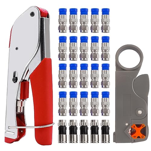 mxuteuk RG59 RG6 Coax Cable Crimper Tool Kit Coaxial Compression Tool Fitting Wire Stripper With 25pcs F Type RG6 Compression Connectors - Image 1