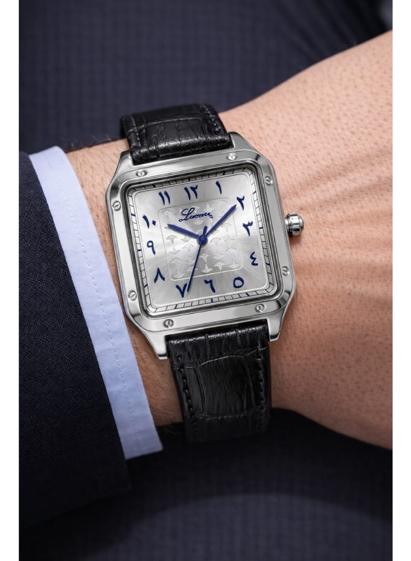 luxury Men's leather wristwatch - Arabic numerals, water resistant, high quality, black strap with silver dial - Image 2