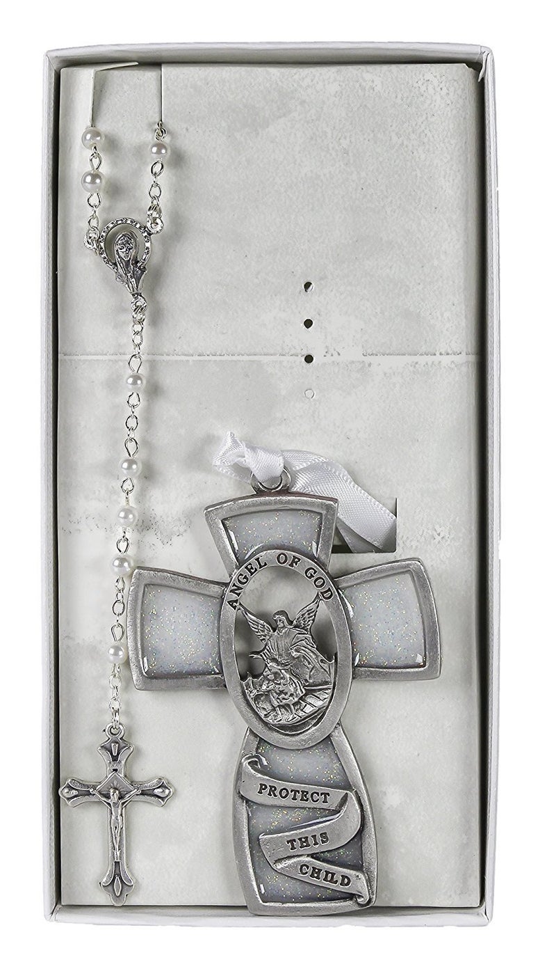 McVan WHITE GUARDIAN ANGEL CRIB MEDAL & ROSARY SET BABY INFANT GIRLS BOYS CHILDRENS CHRISTENING BAPTISM - Image 3